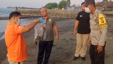 Polisi saat mengamankan potongan kaki yang ditemukan di Pantai Penimbangan, Buleleng.
